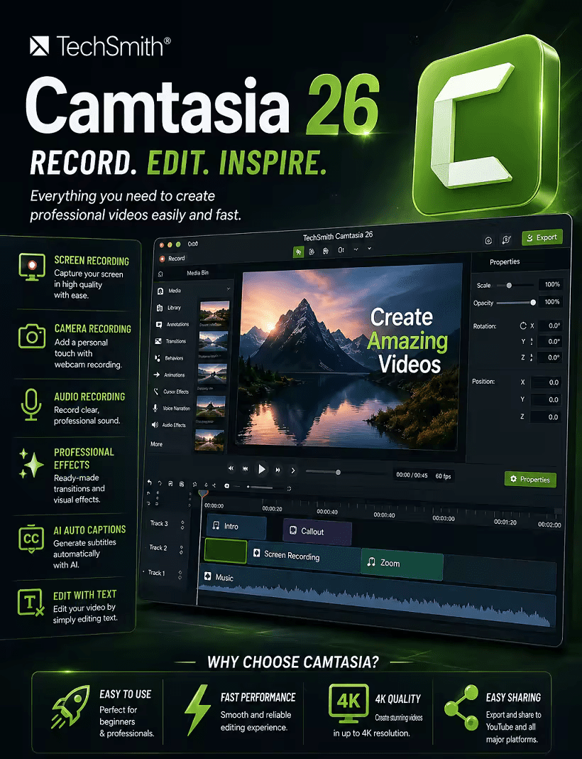 TechSmith Camtasia 2026: ثورة في عالم تسجيل الشاشة والمونتاج - دليلك الشامل للإصدار 26.1.1