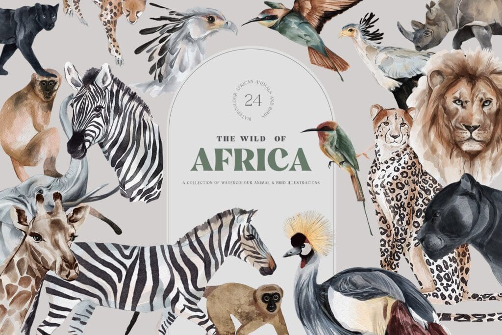 الحيوانات البرية من أفريقيا الرسوم التوضيحية المائية Wild Animals of Africa Illustrations Watercolor PNG - 1318248