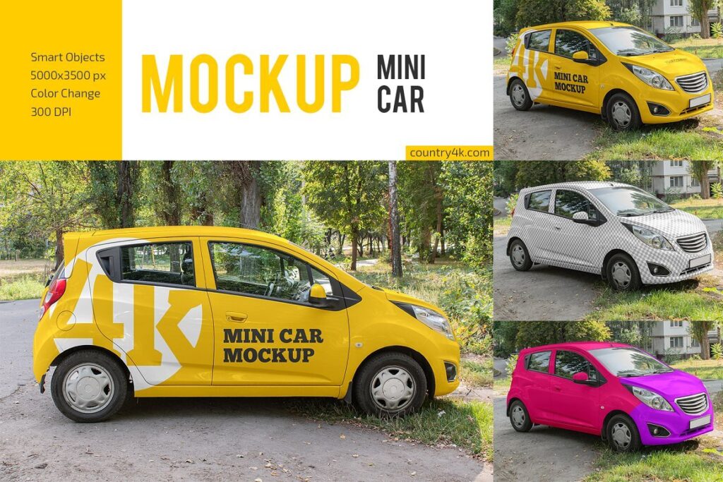 موك اب سيارة صغيرة CreativeMarket - Mini Car Mockup Set 6102153