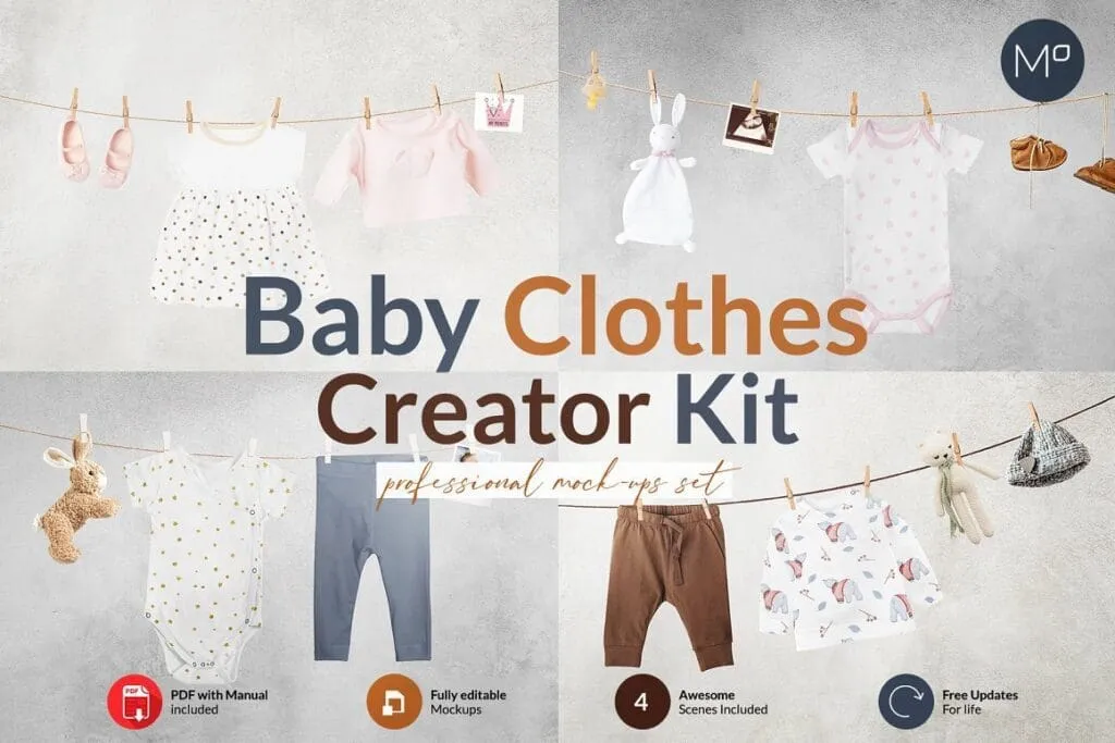 موك اب / حزمة صانع ملابس الاطفال CreativeMarket - Baby Clothes Creator Kit Mock-ups 6114361