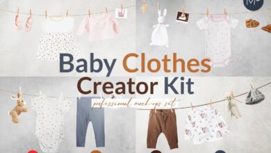 موك اب / حزمة صانع ملابس الاطفال CreativeMarket - Baby Clothes Creator Kit Mock-ups 6114361