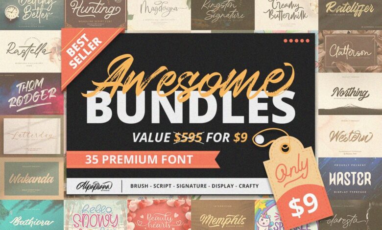 افضل 35 خط مدفوعة مبيعاً Awesome Bundles | 35 Best Seller Font Collection