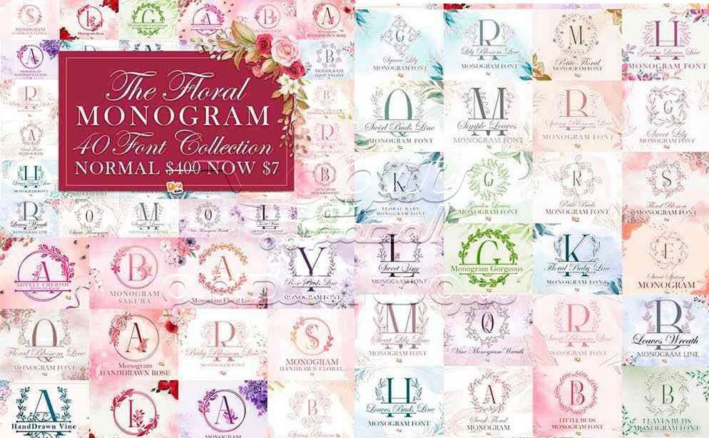 حزمة خط الأزهار مونوغرام - 40 خطًا متميزًا The Floral Monogram Font Bundle - 40 Premium Fonts