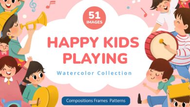 مجموعة لعب الأطفال السعيدة بالألوان المائية Happy Kids Playing set watercolor - 6298094