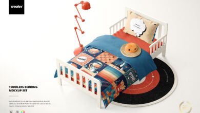 موك اب الأطفال الصغار الفراش CreativeMarket - Toddlers Bedding Mockup Set 6423403