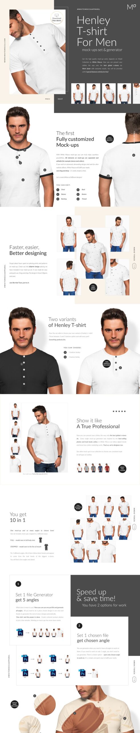 CreativeMarket - Men Henley T-shirt Mockups Free demo 6390082 موك اب تي شيرت هينلي للرجال