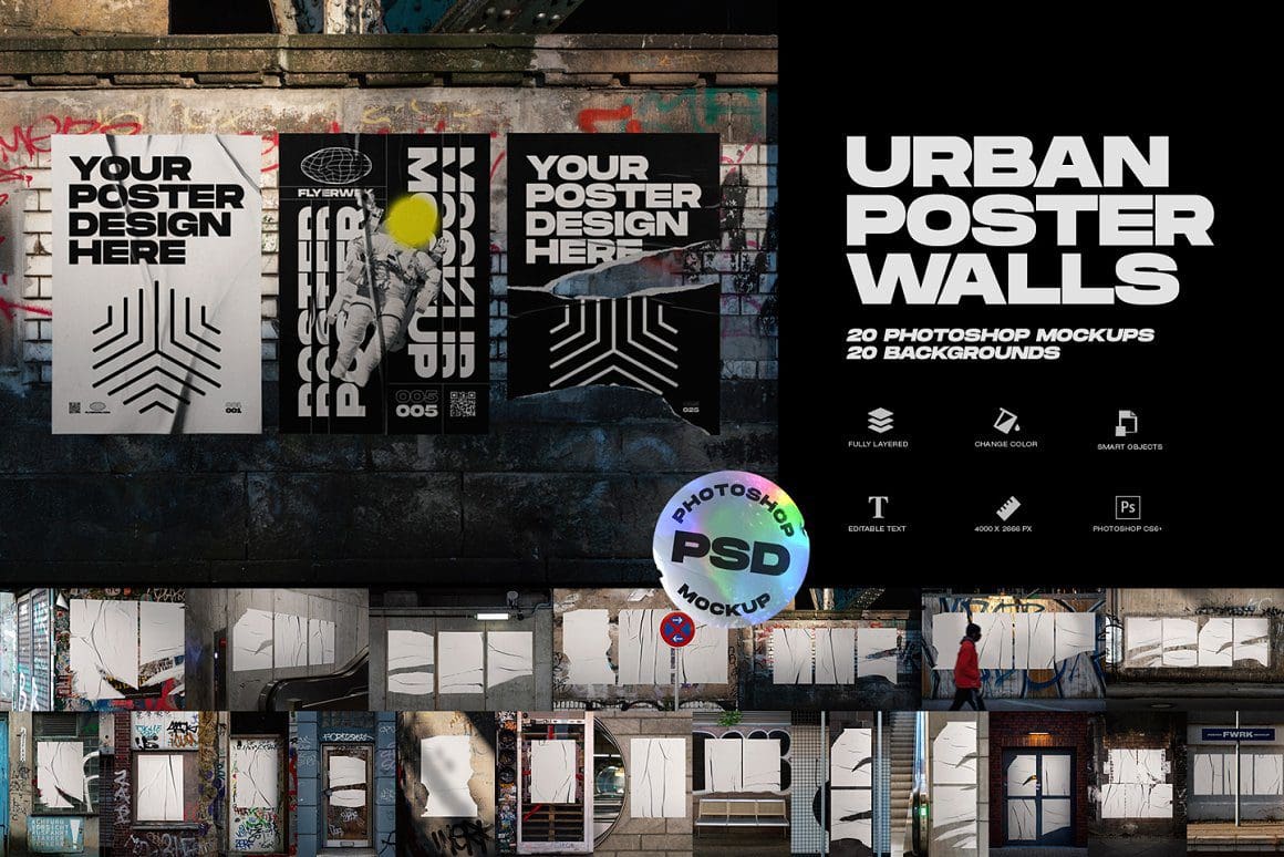 CreativeMarket - Urban Poster Wall Mockups 5013944 حزمة الملصقات الحضرية