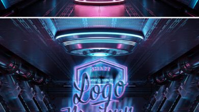 موك اب شعار متوهج Glowing Neon Logo Mockup with Hologram Effect 461350590