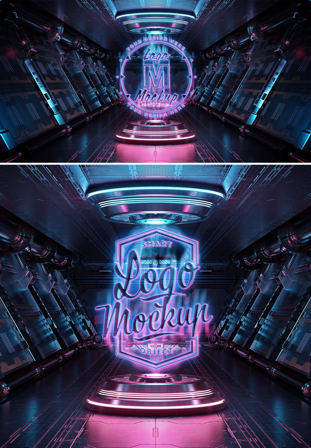 موك اب شعار متوهج Glowing Neon Logo Mockup with Hologram Effect 461350590