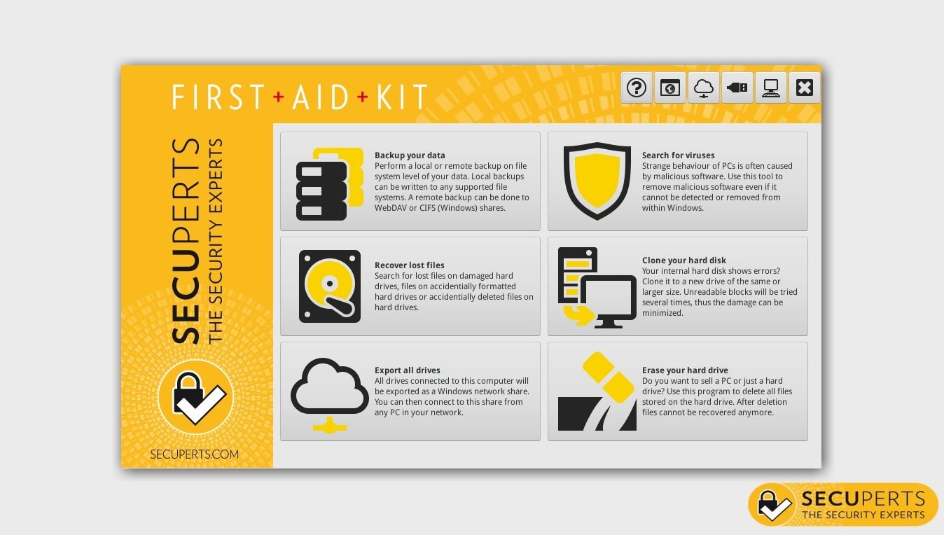 SecuPerts First Aid Kit 1.0.0 Multilingual أدوات الإسعافات الأولية لبياناتك وتثبيت Windows الخاص بك! حماية نفسك من فقدان البيانات ومشاكل الويندوز
