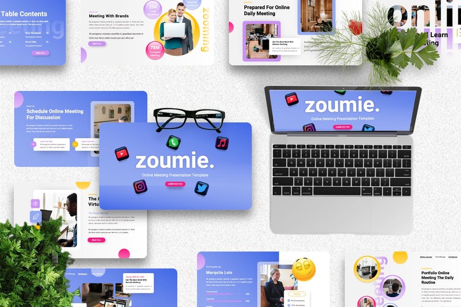 Zoumie - Online Meeting Powerpoint, Keynote and Google Slides Presentation Templates قوالب بوربوينت+ كي نوت مدفوعة