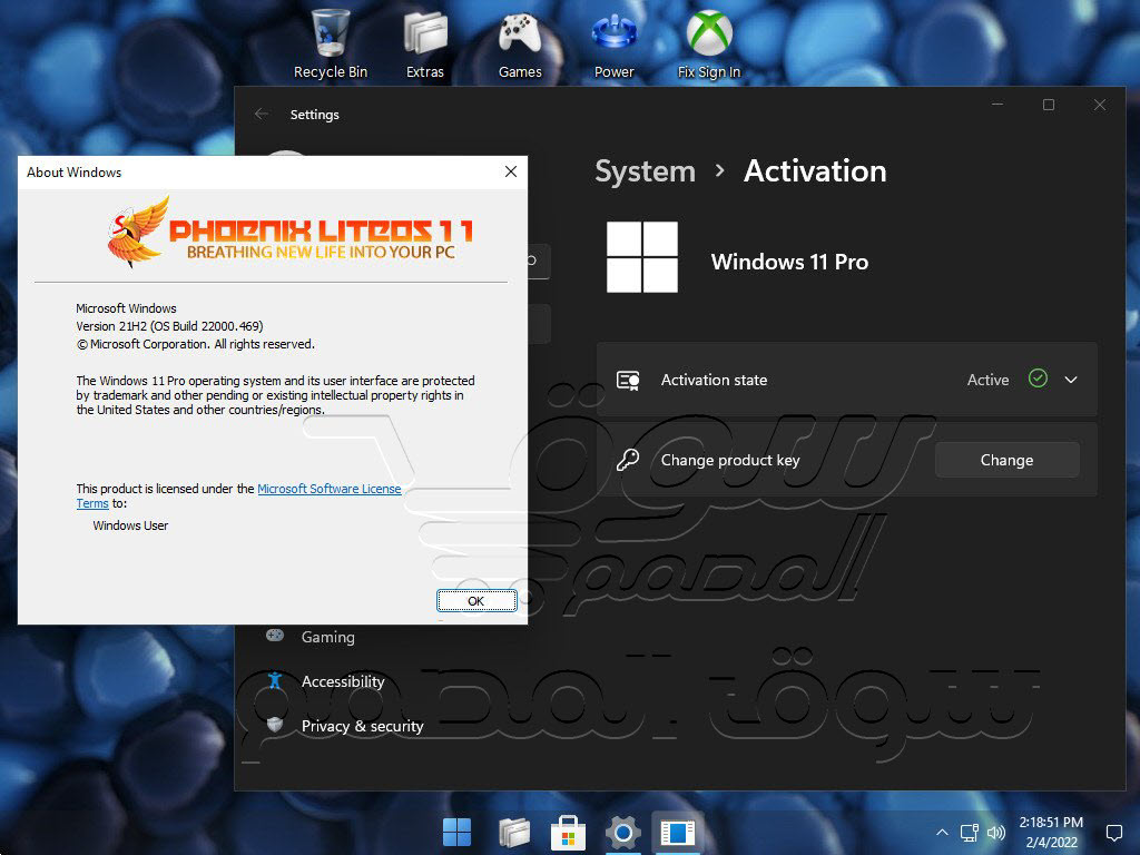 اخف نسخة ويندز 11 خالية من الدسم مفعلة جاهزة Windows 11 Pro Phoenix Gamer 21H2 Build 22000.469 LiteOS x64 English PreActivated