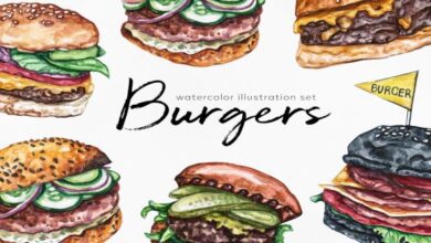 Burger. Watercolor food set illustrations. 6 burgers - 440285