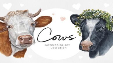 Watercolor set cute cows illustrations. 8 cow/ox - 912257