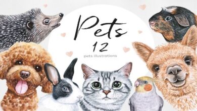 Watercolor set PET illustrations. Cute 12 pets - 722123