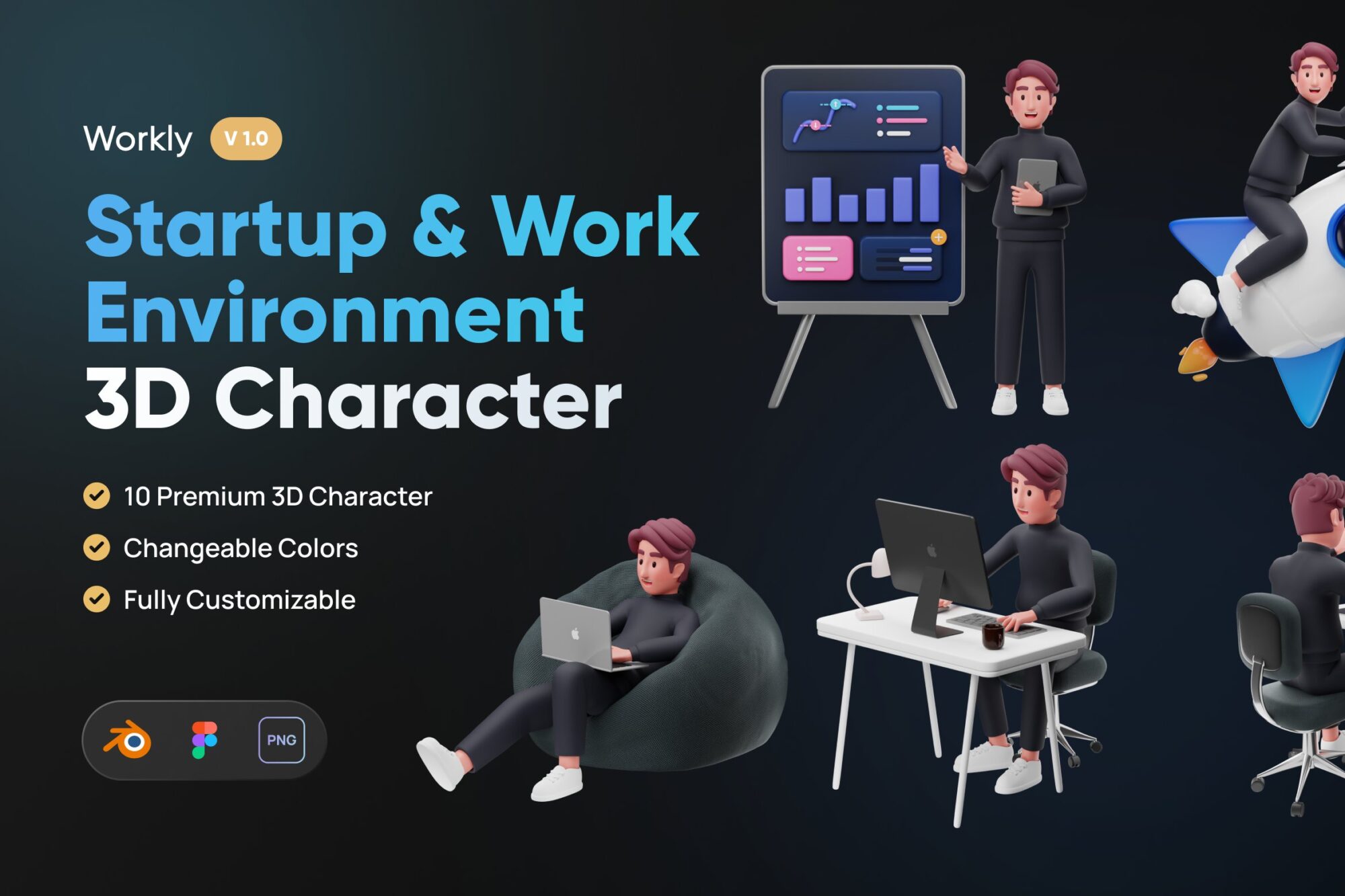 CreativeMarket - Workly - Startup & Work 3D Character 7366240