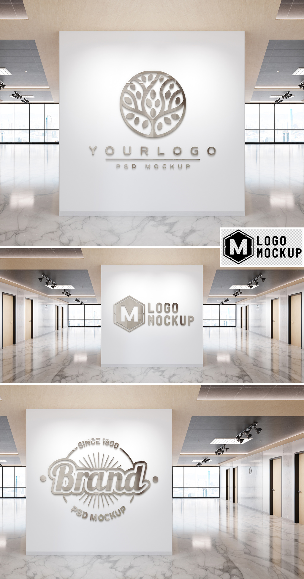 Logo Mockup on Office Wall with 3D Reflective Effect 445636942