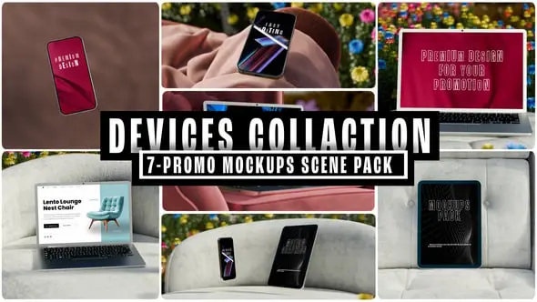 Videohive Realistic Device Collection – 3D Smartphone, Tablet & Laptop Mockups UI/UX Mockup Scenes 58527626