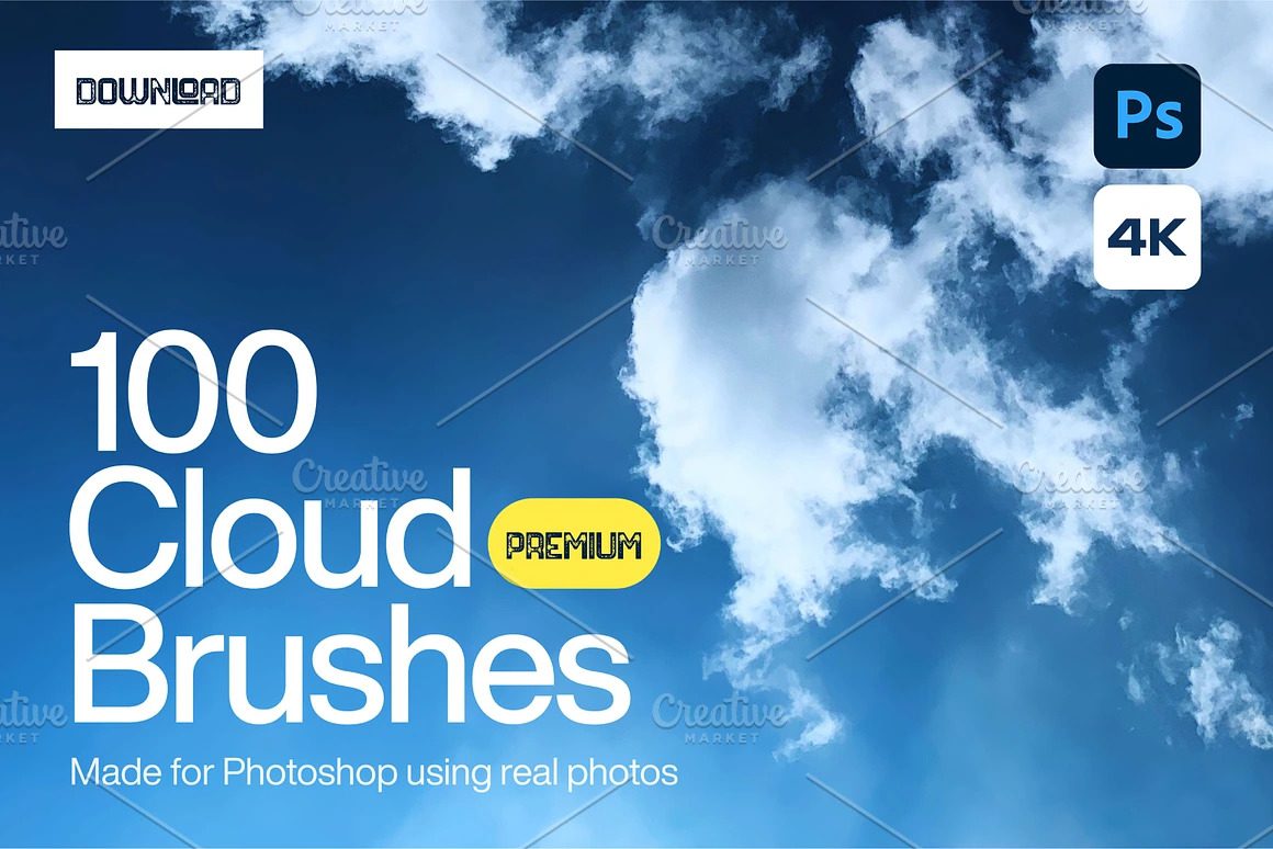 حزمة 100 فرشاة فوتوشوب سحابية متميزة - لمسات إبداعية واقعية للتصميم - تحميل فوري