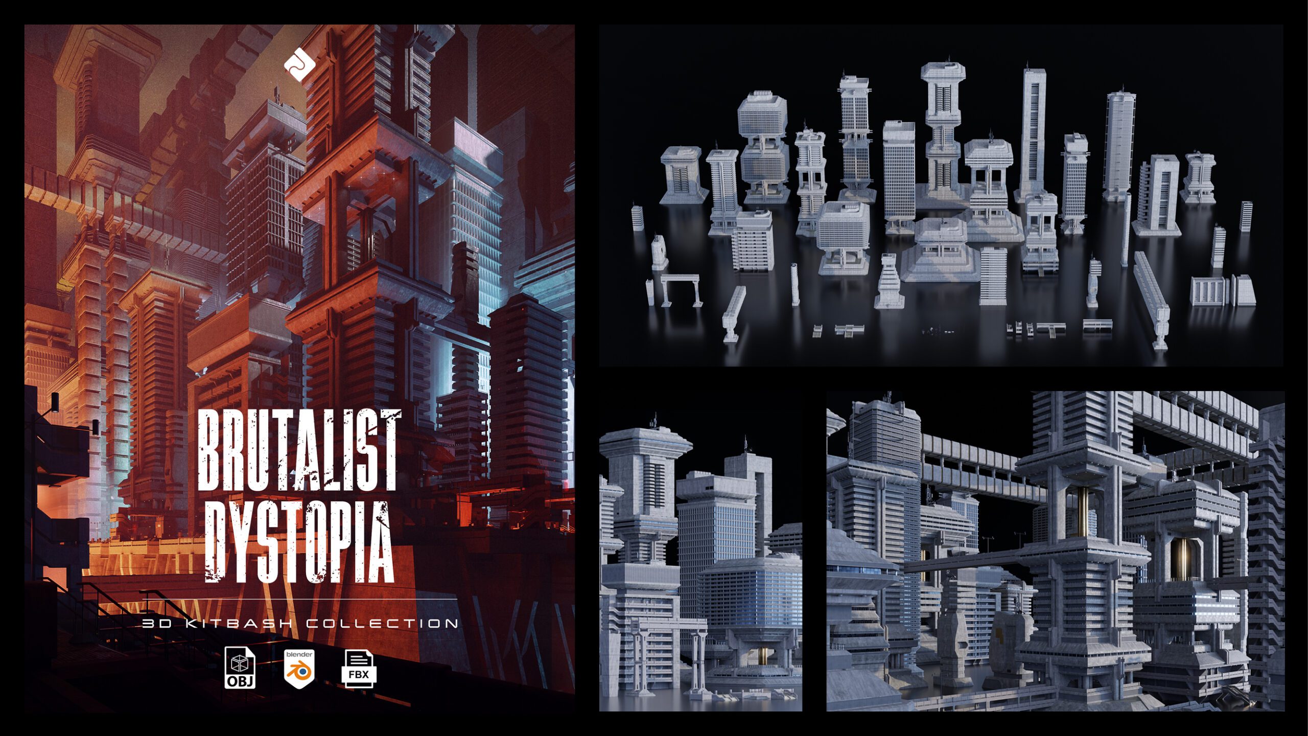 Superhive Market - Brutalist Dystopia - Urban Buildings, Structures & Modular Environment Assets 3D Kitbash Pack