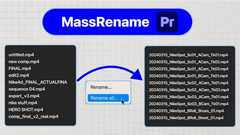 تحميل إضافة MassRename v1.1 لبرنامج Adobe Premiere Pro – الأداة الأسرع لإعادة تسمية المقاطع وتنظيم التايم لاين بضغطة زر