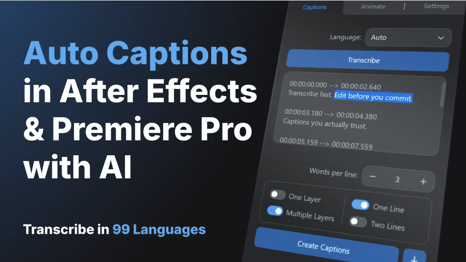 تحميل إضافة Voice2Captions v2.1.0 كاملة | أفضل أداة لتحويل الصوت إلى تسميات توضيحية في After Effects و Premiere Pro