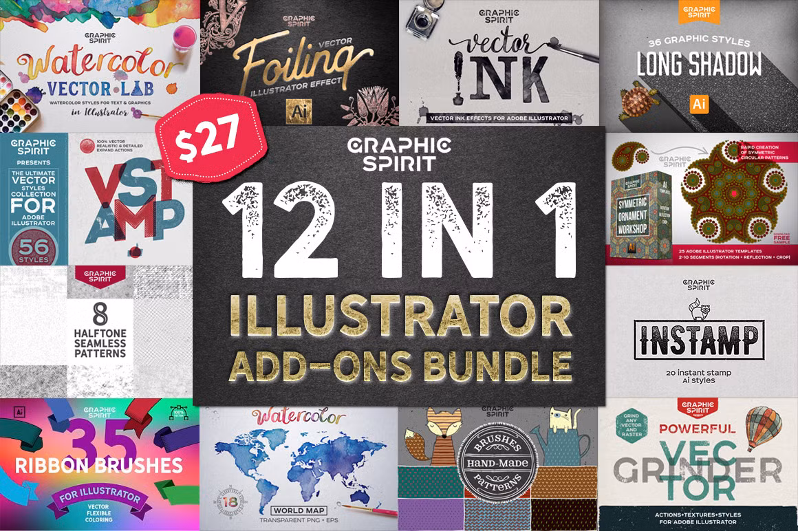 تحميل حزمة إضافات إلستريتور الشاملة 12 in 1 Illustrator Bundle مجاناً