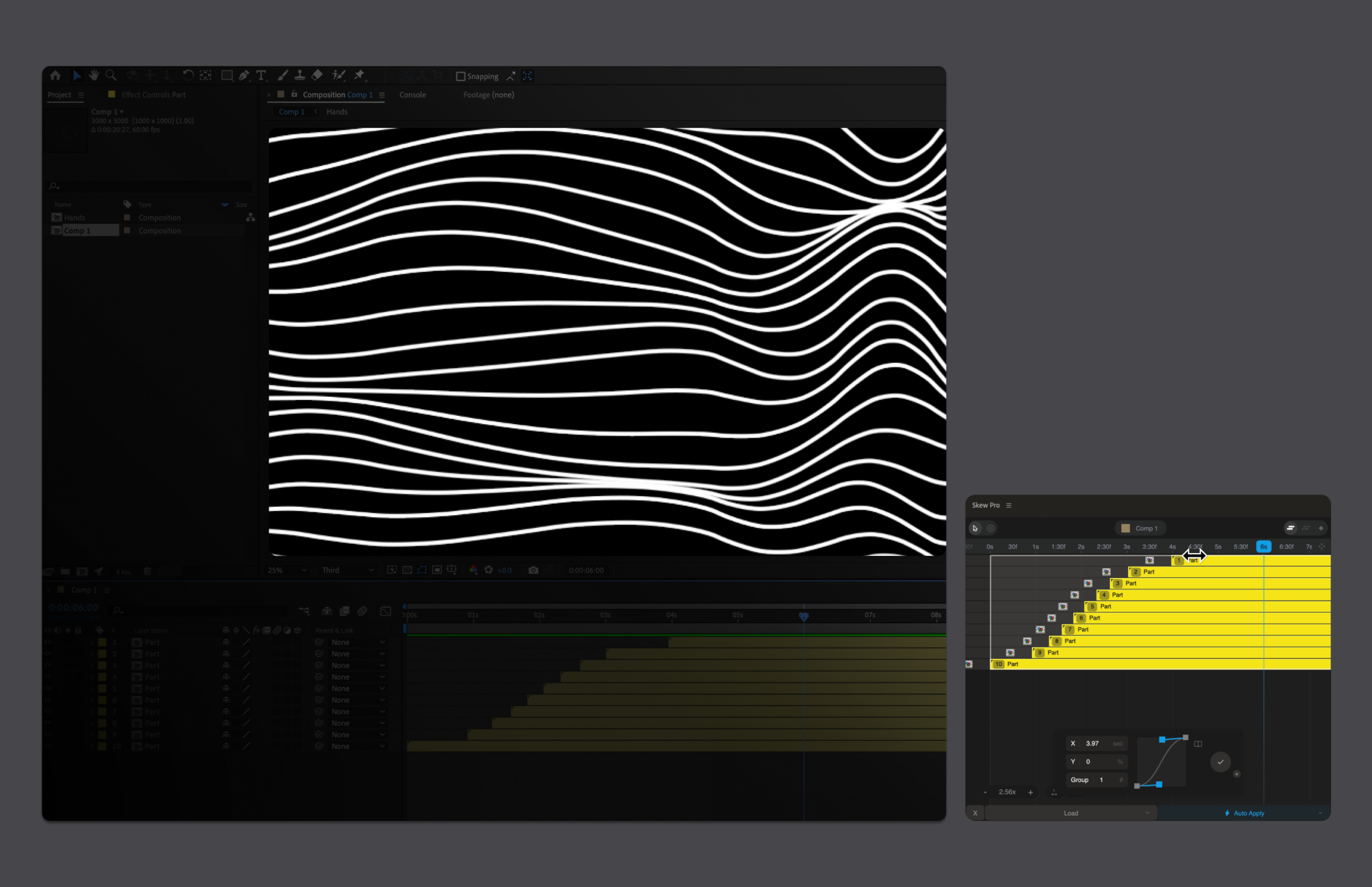 واجهة برنامج After Effects تعرض رسوماً متحركة لخطوط متموجة مع لوحة الملحق Skew Pro