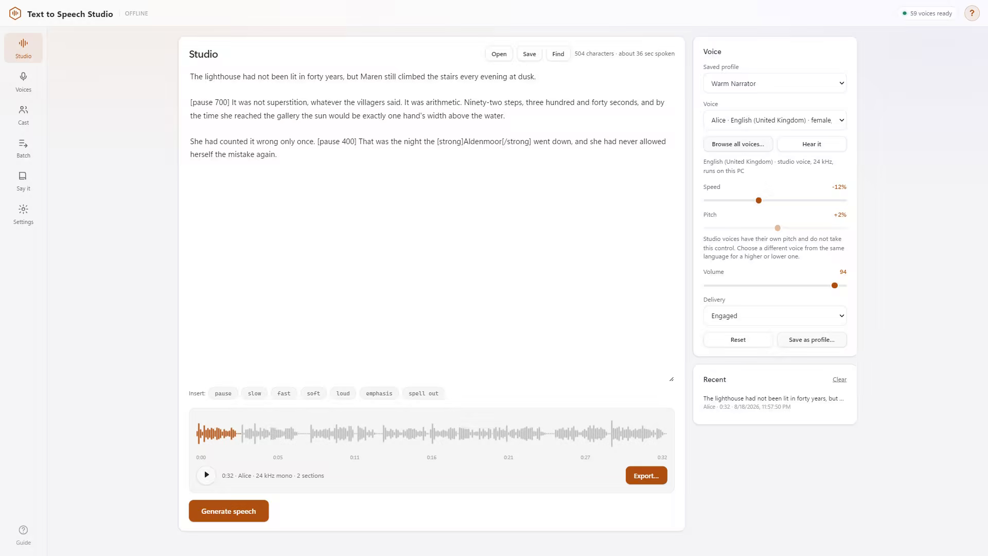 Text to Speech Studio Offline – تحويل النص إلى صوت بدون إنترنت على Windows