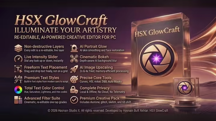 HSX GlowCraft 1.3.4 – محرر صور RAW احترافي وأدوات ذكاء اصطناعي لنظام Windows 15 مسودة تلقائية