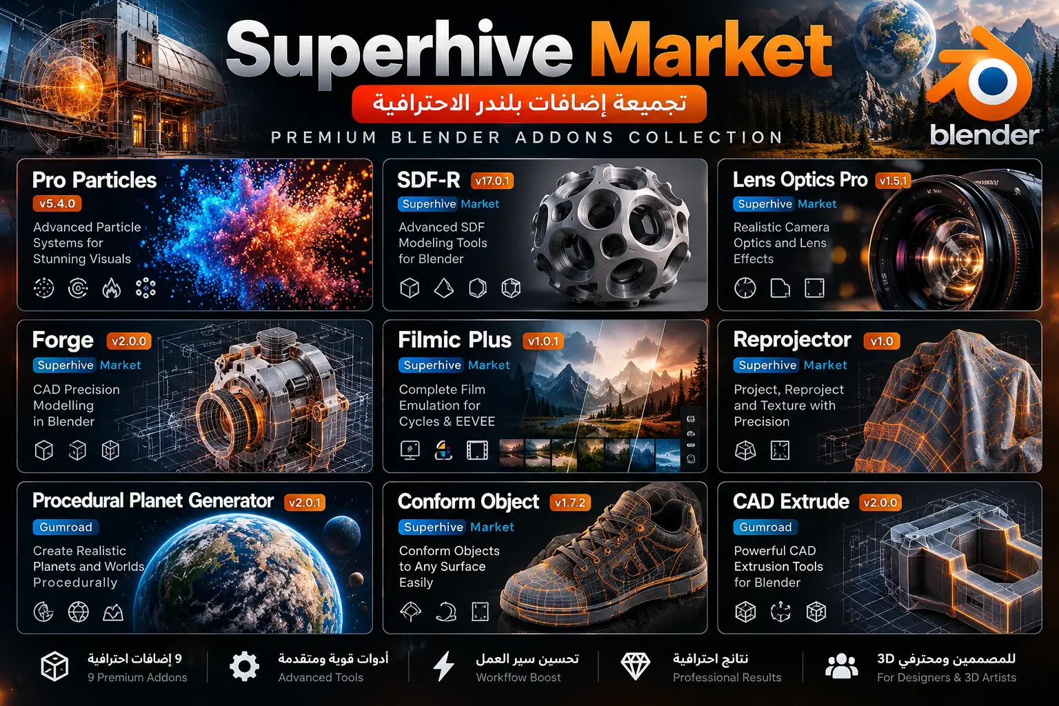 تجميعة إضافات Blender الاحترافية – 9 أدوات من Superhive Market وGumroad